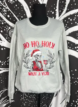 SheIn Ho Ho Holy $4!7 What A Year Beige Crew Neck Pullover Medium Sweater Christmas thumbnail 1