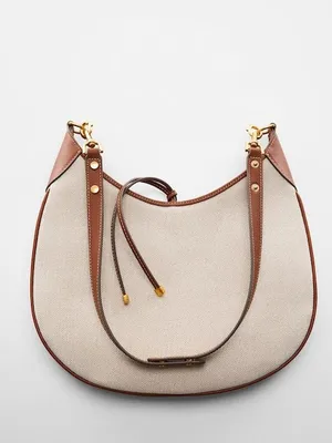 Mango MNG NWOT cognac brown leather Canvas Hobo Shoulder Bag in Beige and Brown thumbnail 7