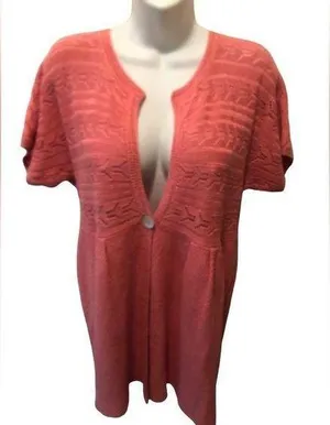Crochet Linen Blend Tunic Cardigan Sz. L Coral One Button Closure Spring thumbnail 1