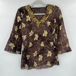 Y2K Boho Sheer Sequin Top Sz M Stevie Nicks Festival Embroidered Brown Indie thumbnail 11