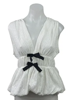 NEW Zara White Textured Bow Sleeveless Plunge V Neck Blouse Crop Tank Top Size L thumbnail 1