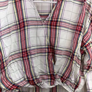 Lou & Grey LOFT red plaid crossover‎ high low cropped collared casual shirt XS thumbnail 5