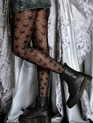 Black Jacquard Fishnet High Waist‎ Footed Tights With Star Pattern One Size thumbnail 6