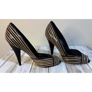Saks Fifth Avenue Gold, Black, & Silver Peep Toe‎ Heels Size 6 thumbnail 5