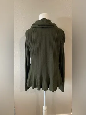Maeve for Anthropologie Ribbed Knit Top Cowl Neck Flared Hem Olive Green thumbnail 4