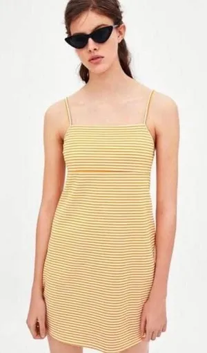 ZARA Orange White Spaghetti Stripe 90s Y2K Stretch Mini Dress -‎ S thumbnail 1