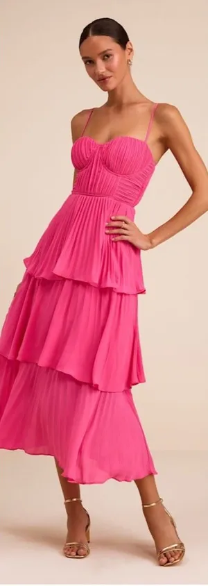 Lulus Lulus Cascading Crush Hot Pink Tiered Bustier Midi Dress Size Large Formal thumbnail 1