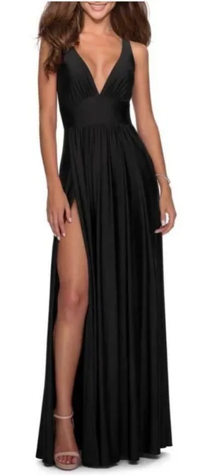 LA FEMME Plunge Neck A-line black high front slit Gown thumbnail 1