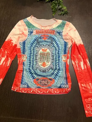 Y2K Mesh Money Print Long Sleeve Top Pink Tie Dye Baby Tee thumbnail 2