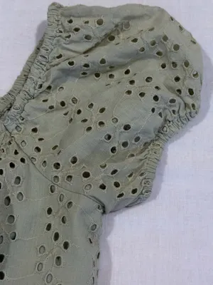 Hollister Puff Sleeve Smocked Eyelet Crop Top Sage Green Size Small S EUC thumbnail 5