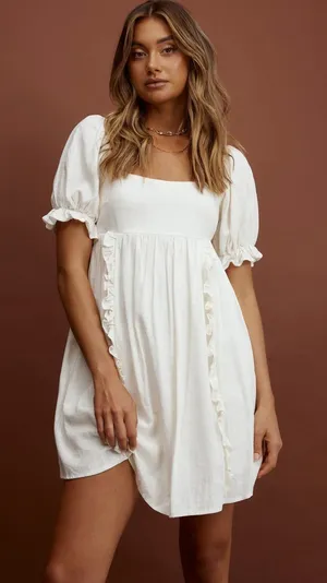 $99 NWT Selfie Leslie X Indikah Macedonia Puff Sleeve Babydoll Dress Cream, S thumbnail 1