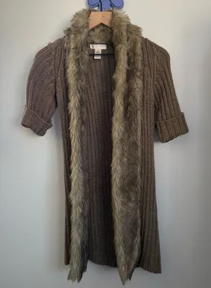 Kenar 2000s Y2K XS Brown Rib Open Long Cardigan Faux Fur Wool Alpaca Phoebe Twilight thumbnail 1