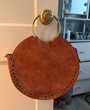 Anthropologie Round Faux-Leather Tote Bag with Gold Ring Handles - Brown thumbnail 1