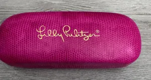 Lilly Pulitzer Pink‎ Textured Hard Eyeglass Case Gold Logo Navy Velvet Interior thumbnail 1