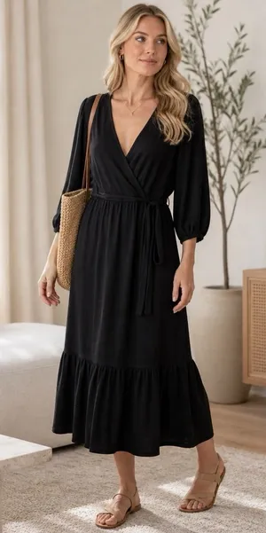 NEW Max Studio Tiered Little Black Dress Capsule Minimalist Dark‎ Romantic L thumbnail 1