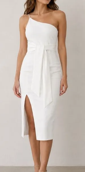 Hello Molly Taking it Back One Shoulder Cutout Bridal Bodycon Dress in White thumbnail 1
