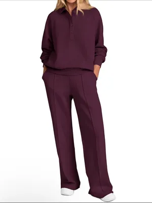 PRETTYGARDEN Women 2Piece Outfit Sweatsuits Quarter Button Long Sleeve Dark Red thumbnail 2