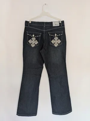 NWT Womens 12 Dark Wash Stretch Bootcut Jeans Y2K Bling Rhinestone Cross Pockets thumbnail 13
