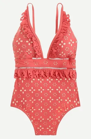 J.Crew Scalloped Ruffle Plunging‎ One-piece in Laser-cut Eyelet Pink size 8 thumbnail 1