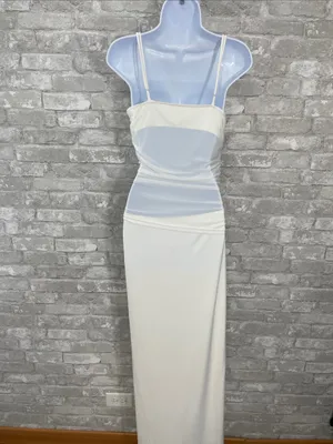 White Spaghetti-Strap Maxi Dress with Ruched Waist thumbnail 3