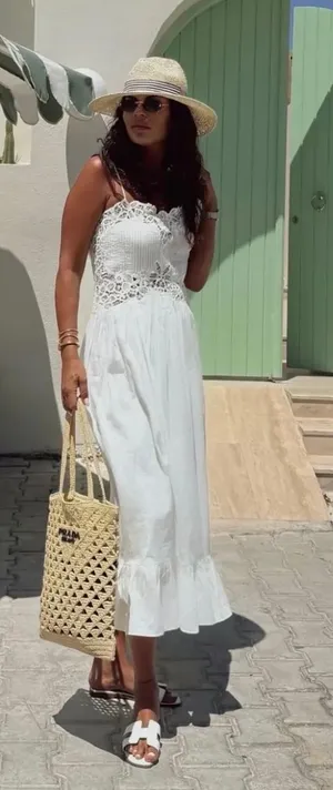 Zara White Lace Cotton Flowy Summer Bohemian Midi Dress thumbnail 1