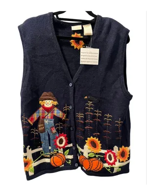 NWT Vtg Bobbie Brooks Fall Harvest Scarecrow Sweater Vest L Pumpkin Sunflower thumbnail 1