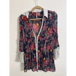 Free People Thunder Canyon Tunic Floral Button Front Sheer Navy Blue Boho Large thumbnail 2