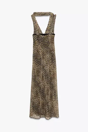 Zara Leopard Animal cheetah Print Evening Gown with Scarf maxi dress thumbnail 5