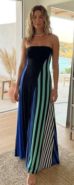 REMAIN Colorblock Striped Strapless Maxi Dress Cutout Back XS Coastal Boho thumbnail 1
