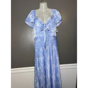 Altar'd State Dress Womens Medium Blue Floral Tie Front Flutter Sleeve Maxi thumbnail 2