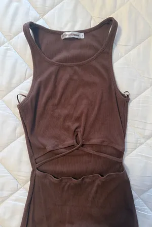 Morning Mist Brown Ribbed Midi Dress with cut out thumbnail 1