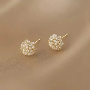 Gold and White Pearl Cluster Stud Earrings - Timeless Floral Design thumbnail 5