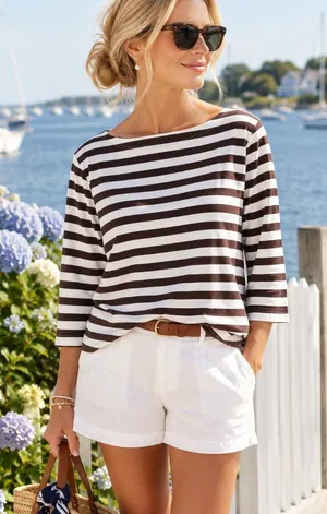 Lolly Wolly Doodle NWT Brown & White Striped Boat Neck Top thumbnail 1