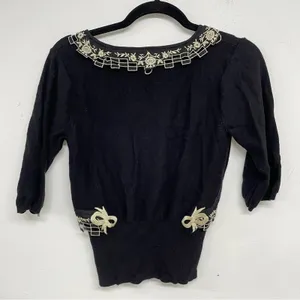 Anthropologie Field Flower Black Short Sleeve Lace Trim Sweater Womens S Y2K thumbnail 6