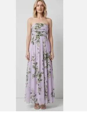 New $220 White House Black Market Floral Lilac Strapless Chiffon Maxi Dress thumbnail 4