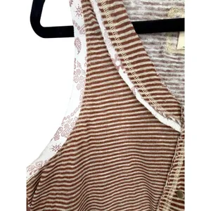 Free People Tank Top Striped Henley Medium Brown Linen Blend Boho Sleeveless thumbnail 6