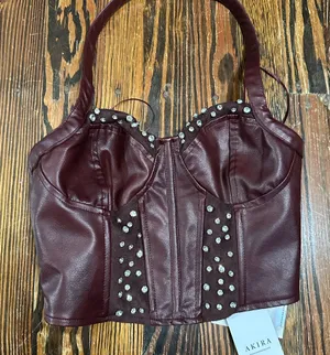 AKIRA NWT burgundy pleather Corset with Rhinestone Accents thumbnail 1
