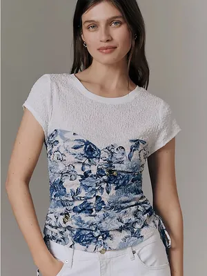 Anthropologie White Tee with Blue Floral Corset Detail thumbnail 1