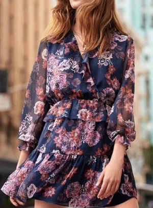 Gianni Bini Women’s Heidi Ruffle Mini Dress Size XL Navy/Rose Floral NWT thumbnail 1