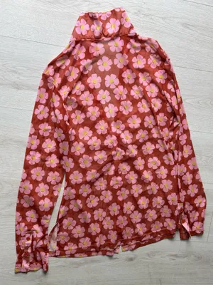 Women's Button Down Floral Shirts 2026 Summer Long Sleeve V Neck Sheer Mesh Tops thumbnail 4