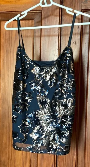 White House Black Market Blue Silver Floral Mesh Sequined Lined Camisole Size S thumbnail 1