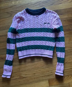 All in Motion Cable Knit Sweater Pink Green Striped “Take It Easy” XS Cozy thumbnail 1
