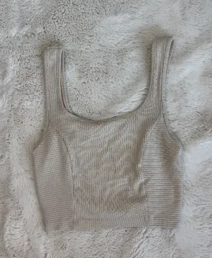 Garage Ribbed Crop Tank Top Beige XS Square Neck Fitted thumbnail 1