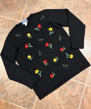 Pendleton Wool Black Sweater with Red and Yellow Rose Embroidery thumbnail 1