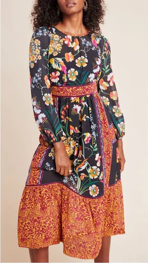 ANTHROPOLOGIE Adair Velvet Trimmed Midi Dress in Black Floral Pattern‎ size 0 thumbnail 1