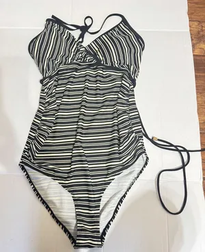 Motherhood Maternity Black‎ White Striped Halter One Piece Swimsuit Size Medium thumbnail 1