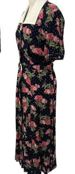 Vintage 80s Floral Shirtdress Button Down Belted Maxi Union Made Black Pink XS thumbnail 2