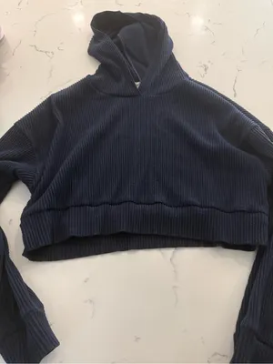 ALO Yoga Navy Ribbed Cropped Hooded Sweater thumbnail 1