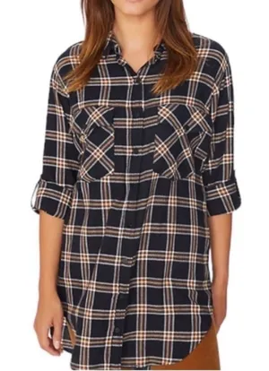 Classic Sanctuary navy plaid tunic-style button front shirt featuring a relaxed fit, chest pockets, and roll-tab sleeves for versatile styling. Lightweight and easy to wear with leggings, denim, or layered over a tank. Great casual staple for fall and transitional seasons thumbnail 1