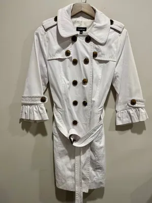 Bebe White Belted Trench Coat Ruffle Cuffs Statement Buttons Size M thumbnail 1